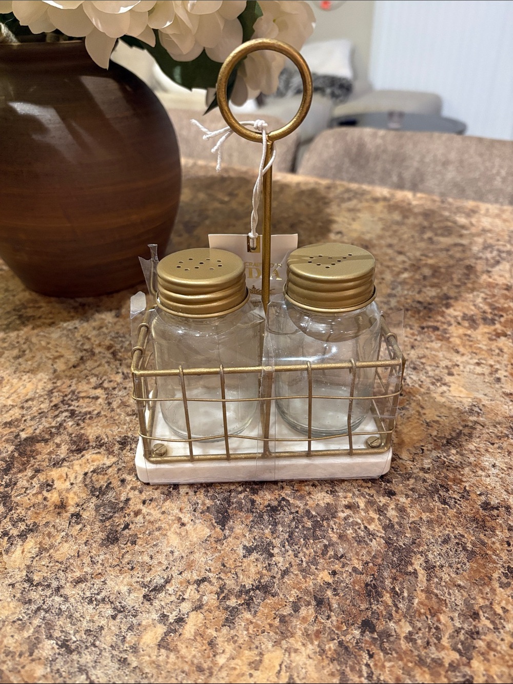 Gold Salt and Pepper Shaker Set with Marble Base - Home Dining